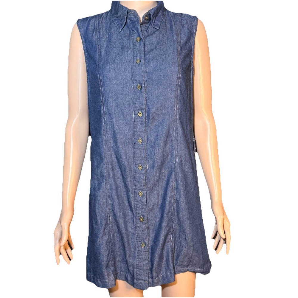Sace Womens Sleeveless Denim Shirtdress Blue Button Front Midi Classic Collar L